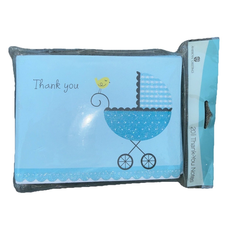 American Greetings 20 Thank You Baby Stroller With Bird Blue Boy Note Cards‎